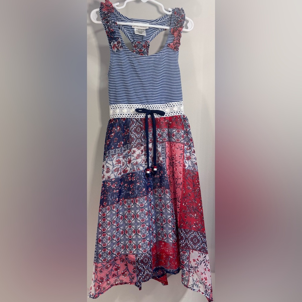Jona Michelle girls’ size 7 navy and red patchwork dress. My kid wore it once.